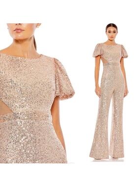 Mac Duggal 11273 Short Sleeve Rose Gold Sequined Evening Jumpsuit $398 NWT